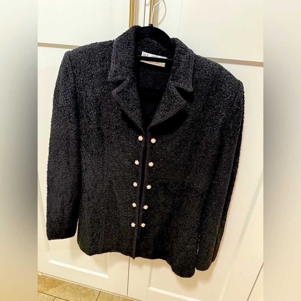 St. John Black Textured Blazer with Pearl Buttons